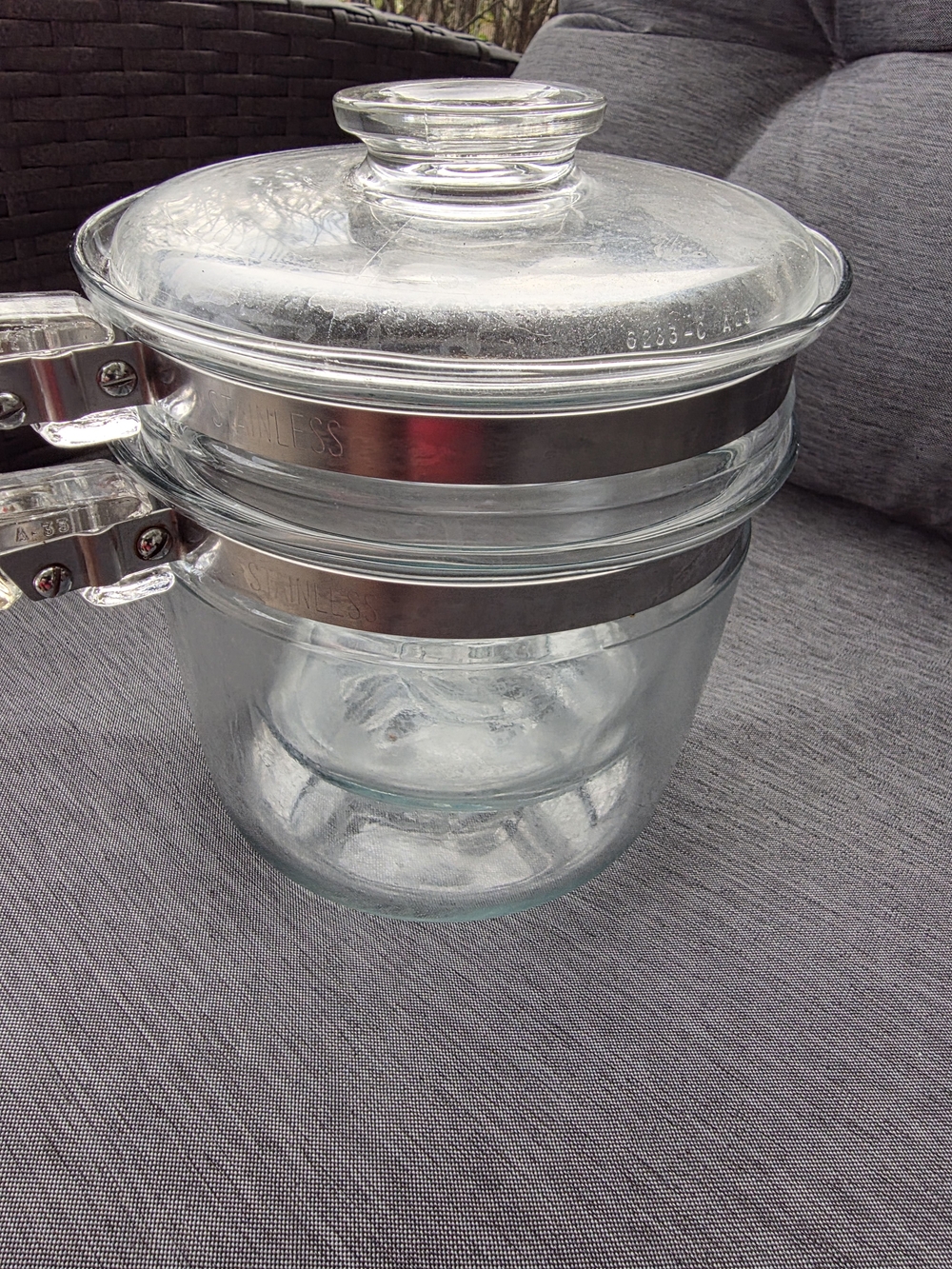 Pyrex Clear Glass Saucepan Set with Silver Metal Bands